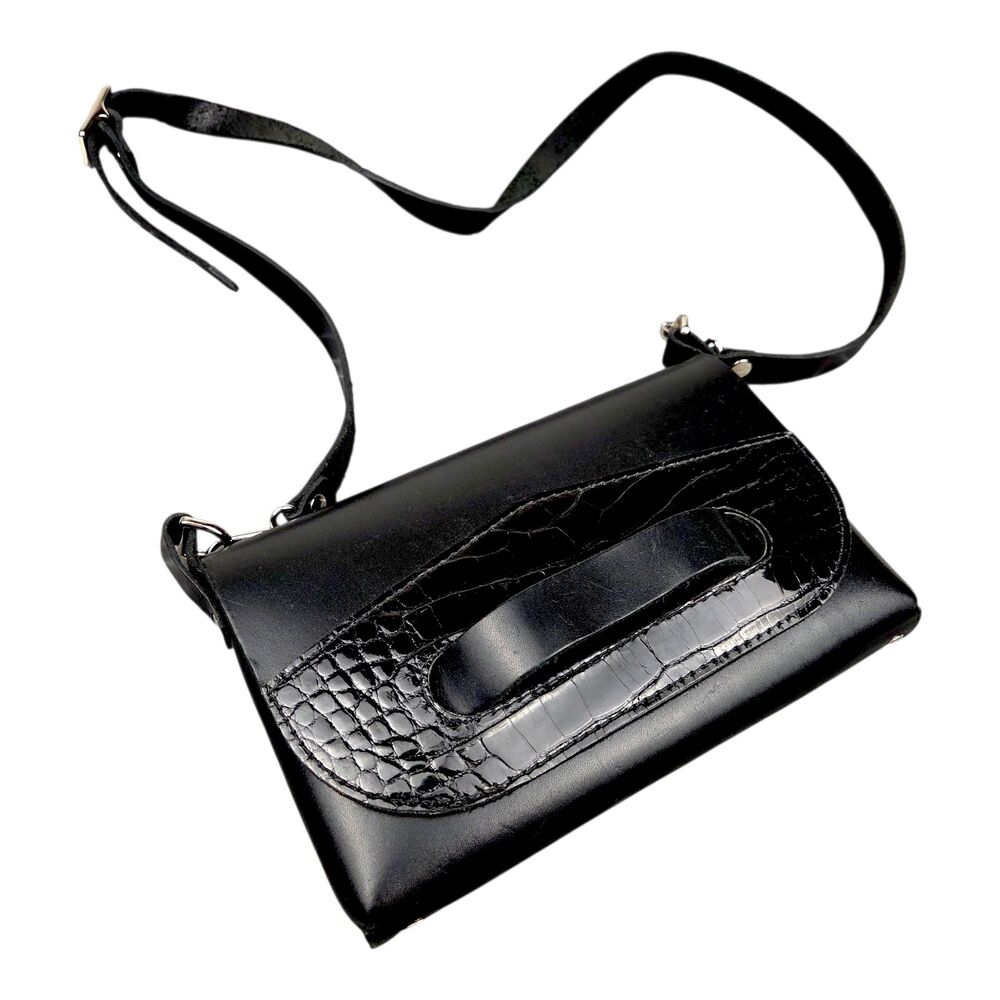 Duke Black Leather Crossbody Bag With Croc Embossed Adjustable Strap Womens